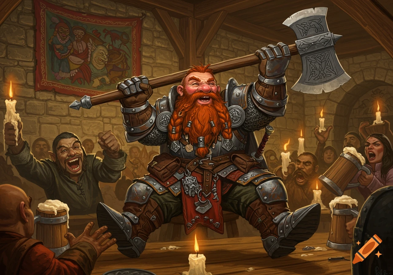 A happy, red-bearded dwarf fighter holds a large axe triumphantly above his head in a lively, candlelit fantasy tavern scene.