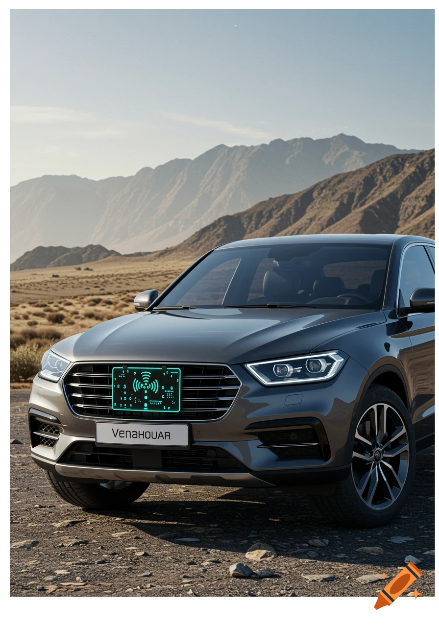 A gray SUV with a glowing green RFID license plate and a white plate below it, parked on a rocky terrain with mountains in the background under a clear sky.