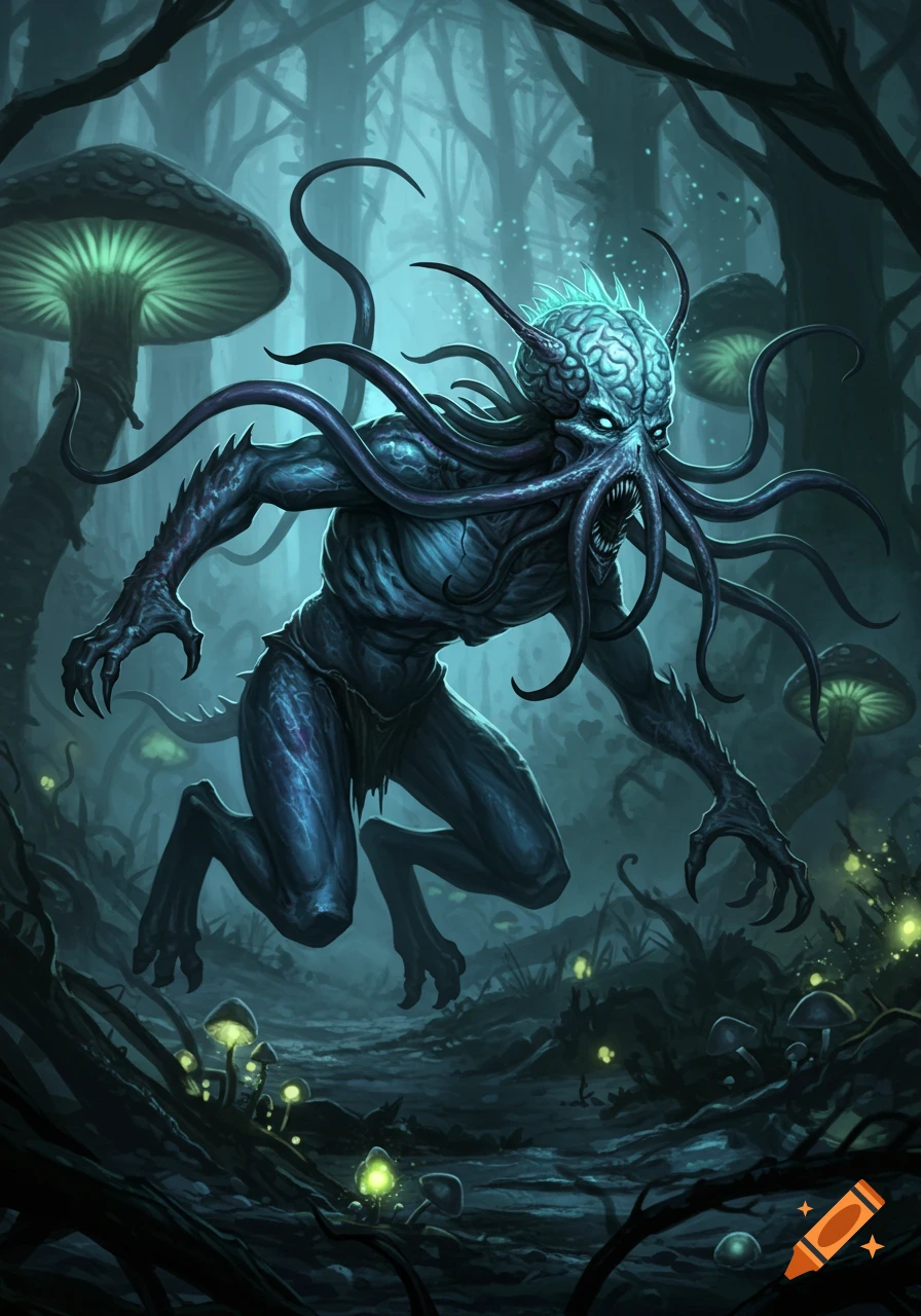 A feral blue mindflayer with tentacles and a beak runs on all fours through a dark forest with glowing green mushrooms.