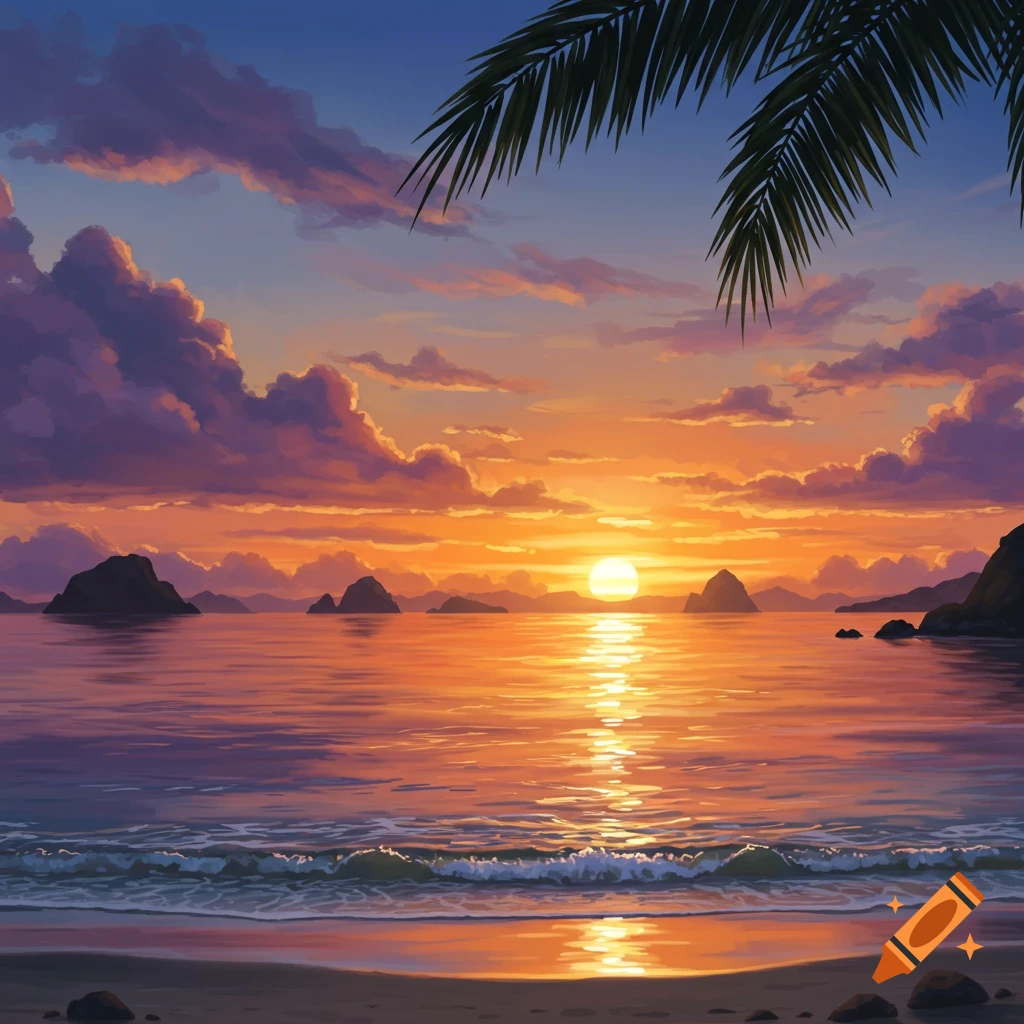 A vibrant sunset over a tropical ocean, with a large sun reflecting on the water, silhouetted islands, and a palm frond overhead. Painterly style.