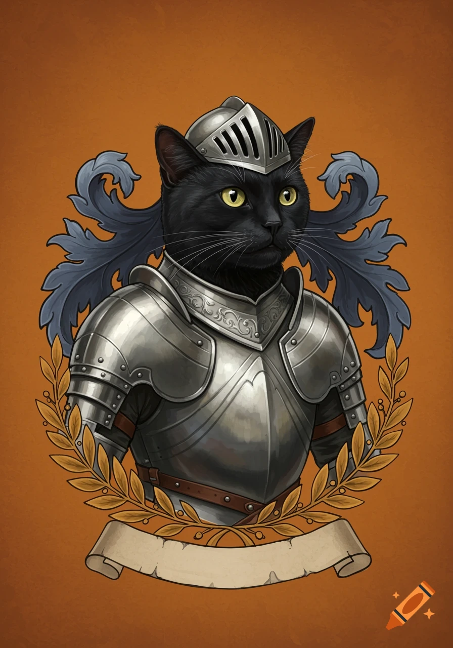 An illustrated family crest featuring a black cat wearing knight armor and helmet, surrounded by decorative leaves and a wreath, on a burnt orange background.