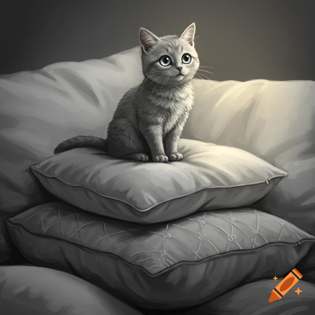 A fluffy gray kitten with big blue eyes sits on a stack of white and gray pillows.