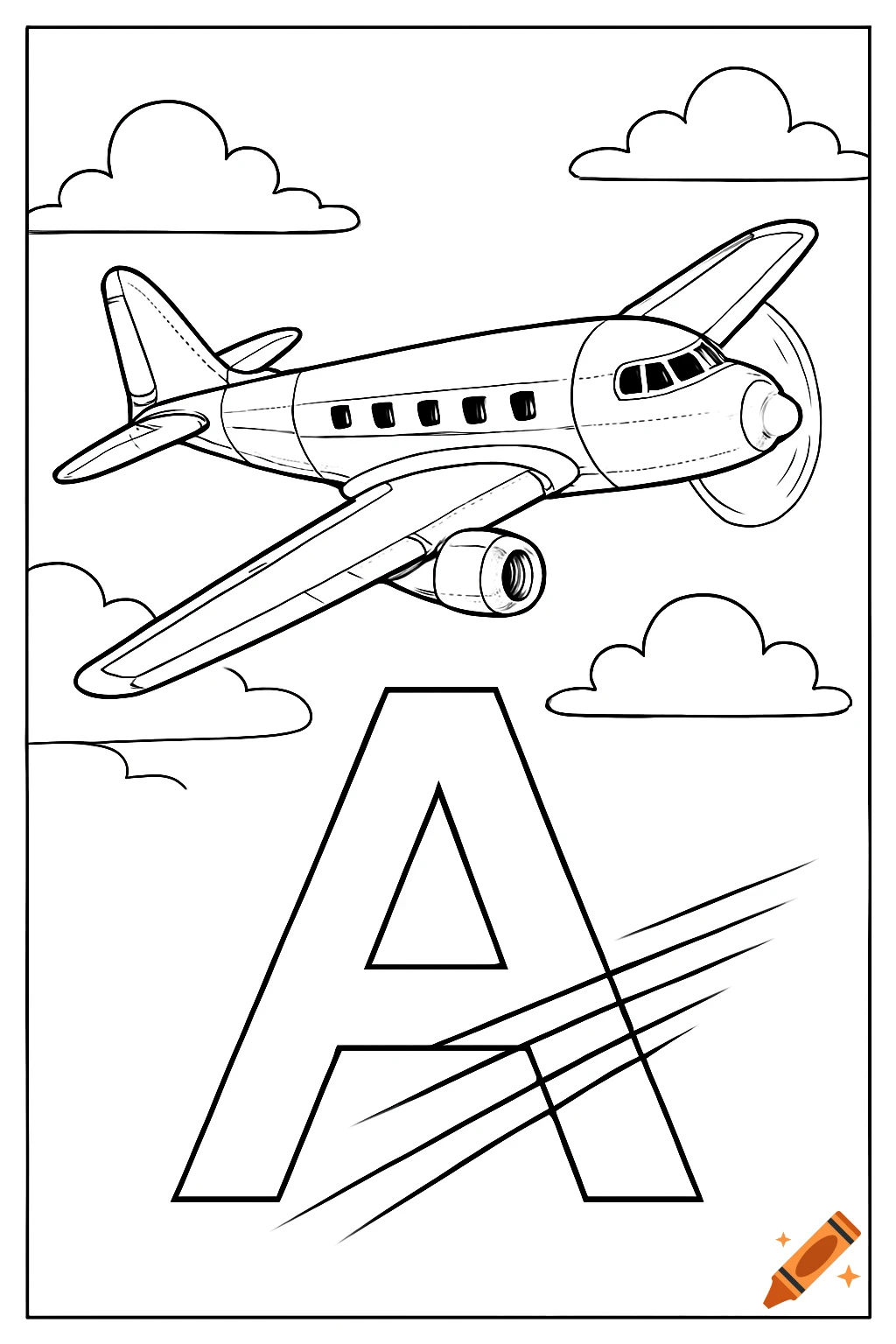 A black and white coloring page showing an airplane flying above a large letter A, with clouds in the background.