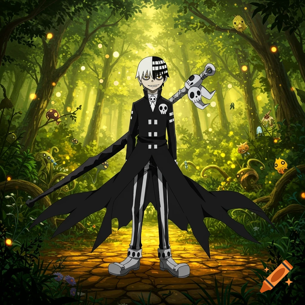 An anime character with half black and half white hair, wearing a black long coat and striped pants, stands in a vibrant magical forest with glowing lights.