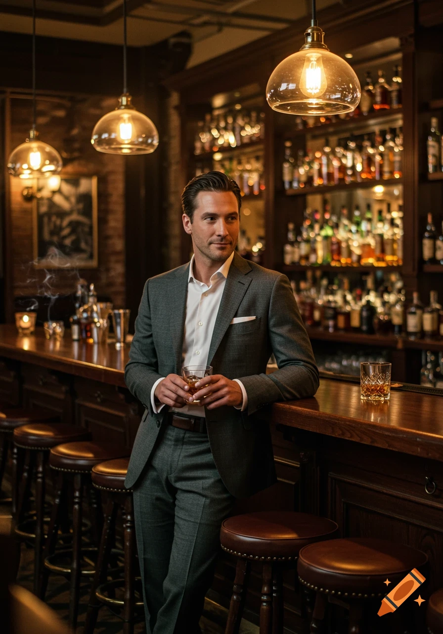 A well-dressed man in a gray suit leans against a bar counter, holding a drink, with bottles displayed behind him in a dimly lit bar.