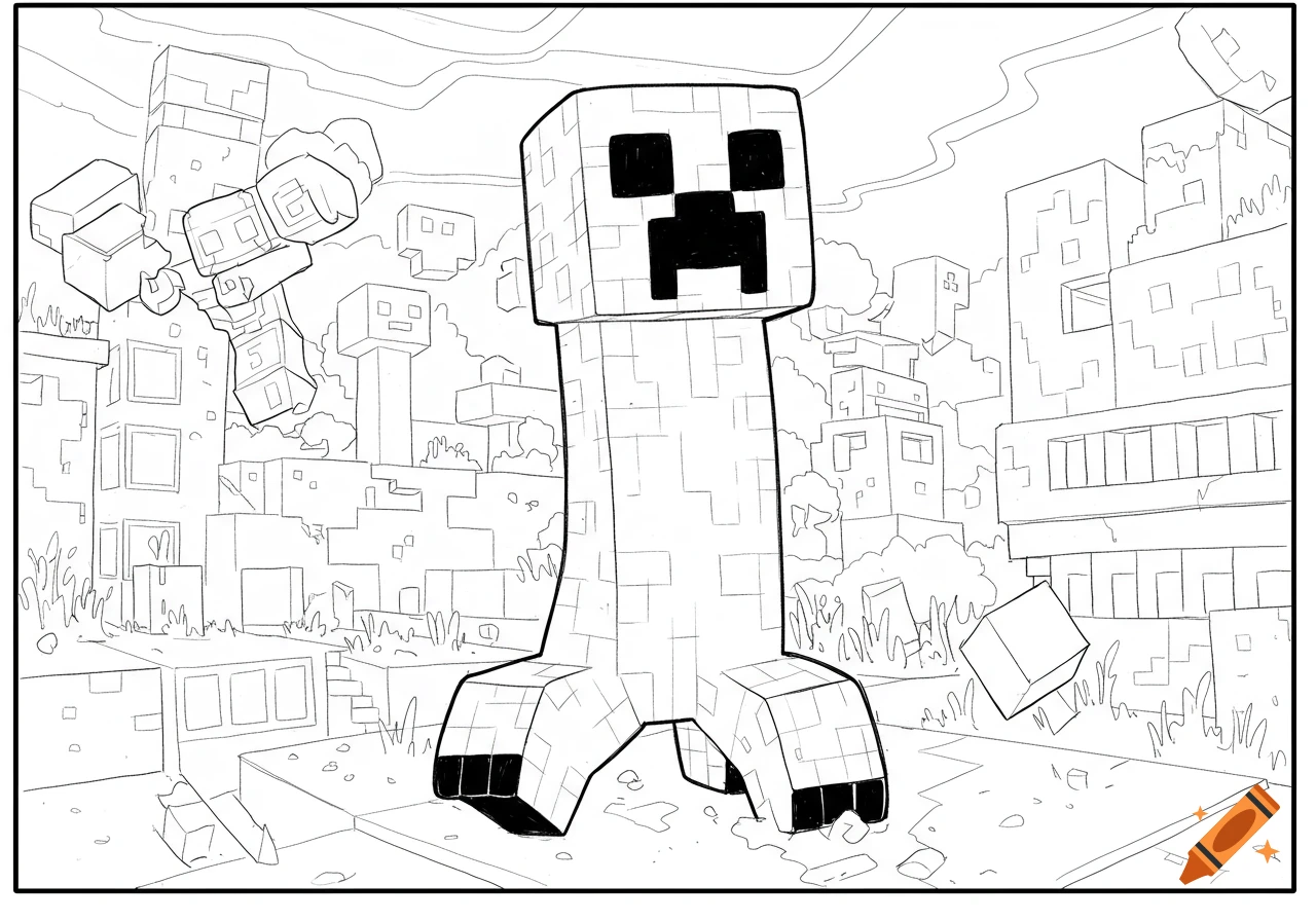 A black and white coloring page showing a Minecraft Creeper standing in a blocky landscape with other figures.
