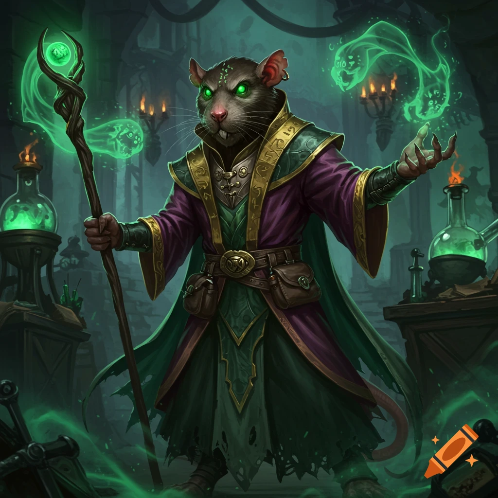 A ratfolk wizard with glowing green eyes and a staff stands amidst bubbling green potions and swirling green mist in a dark, mystical chamber.