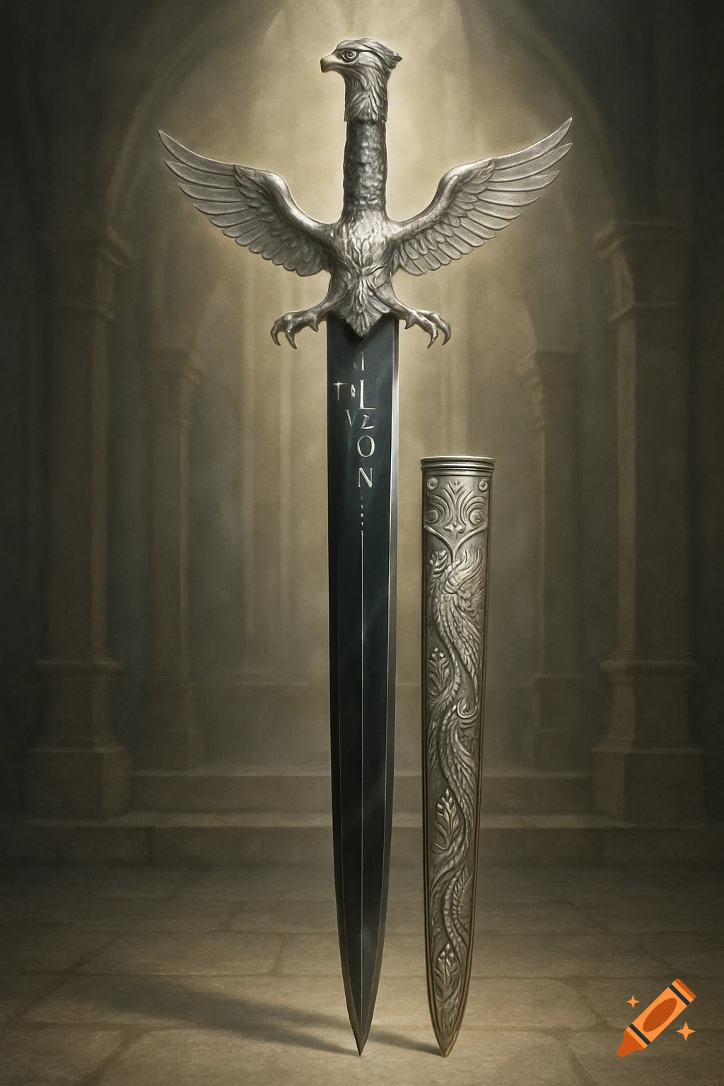 A majestic longsword with an eagle hilt and a dark blade inscribed 'Talon' stands next to an ornate scabbard in a dimly lit temple, high fantasy style.