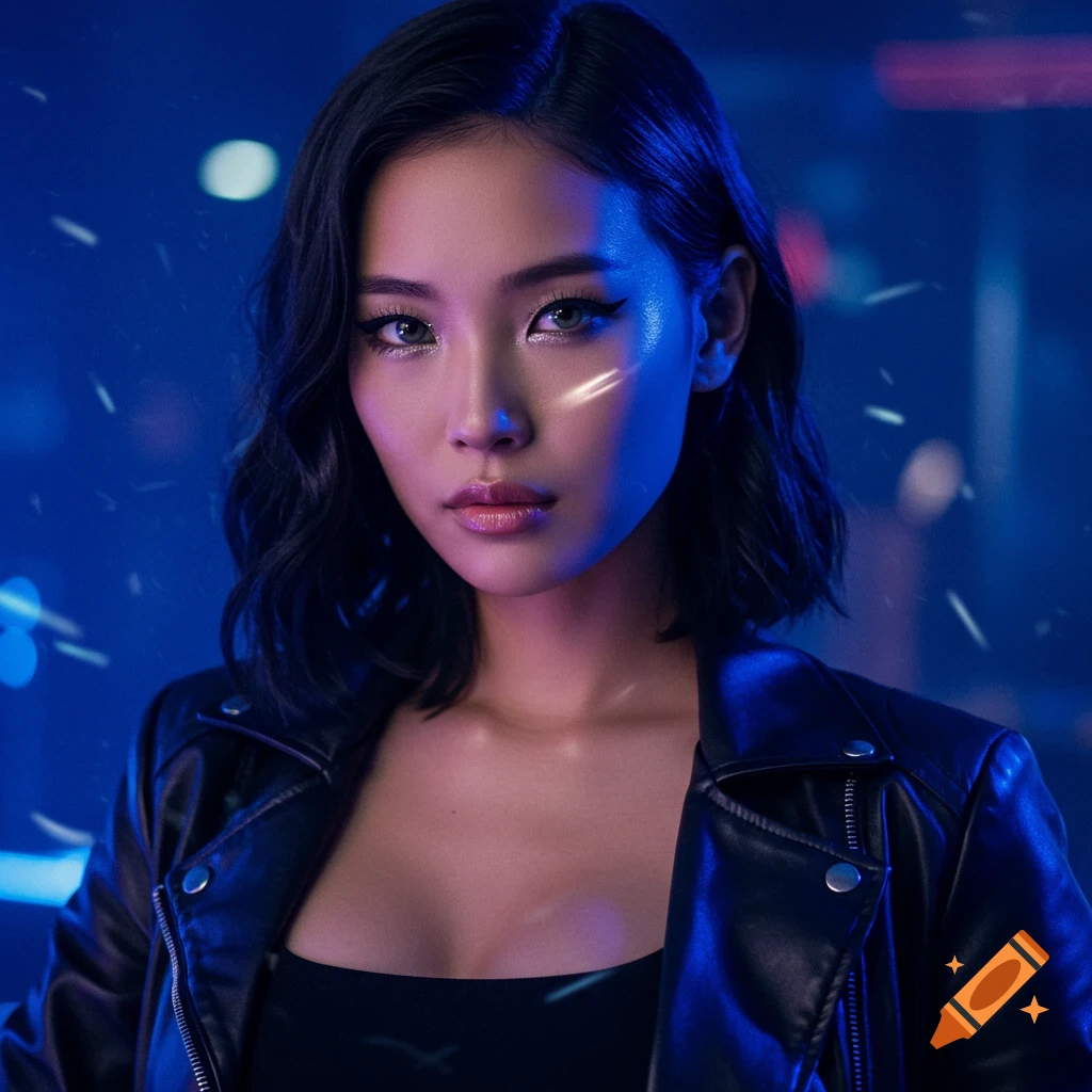 A photorealistic portrait of a young Asian woman in a black leather jacket and top, under blue and purple nightclub lighting, with a neutral expression.
