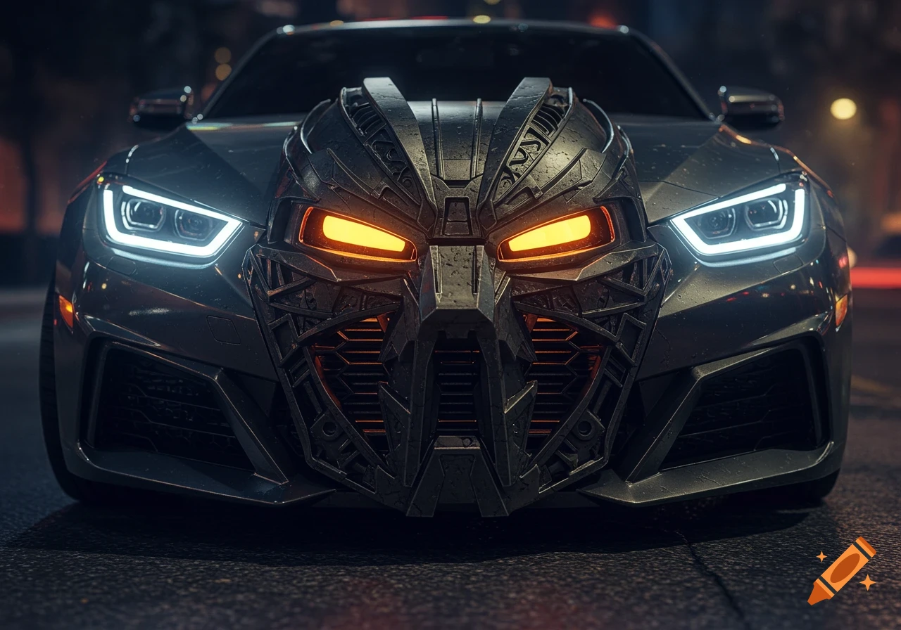 Front view of a dark grey car with a futuristic, metallic Bionicle-style grill featuring glowing orange eyes, on a wet road at night.