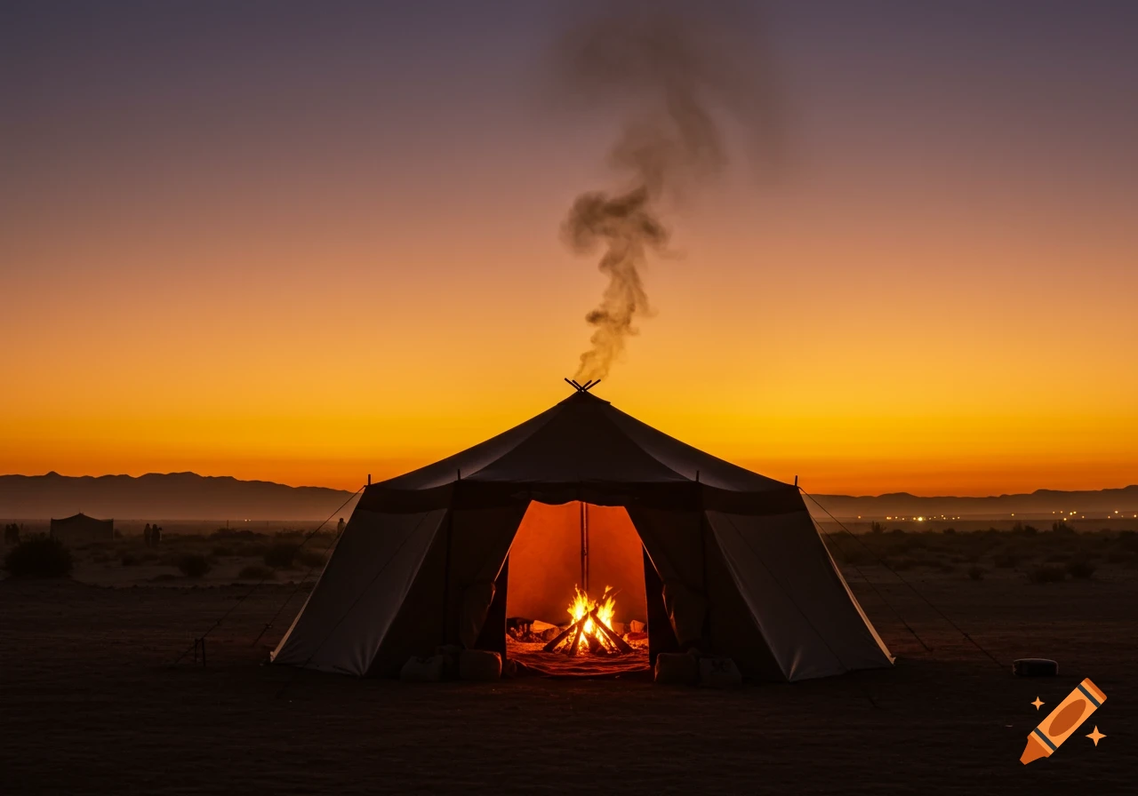 A large tent glows with a campfire inside at sunset in a desert landscape, with smoke rising from its top.