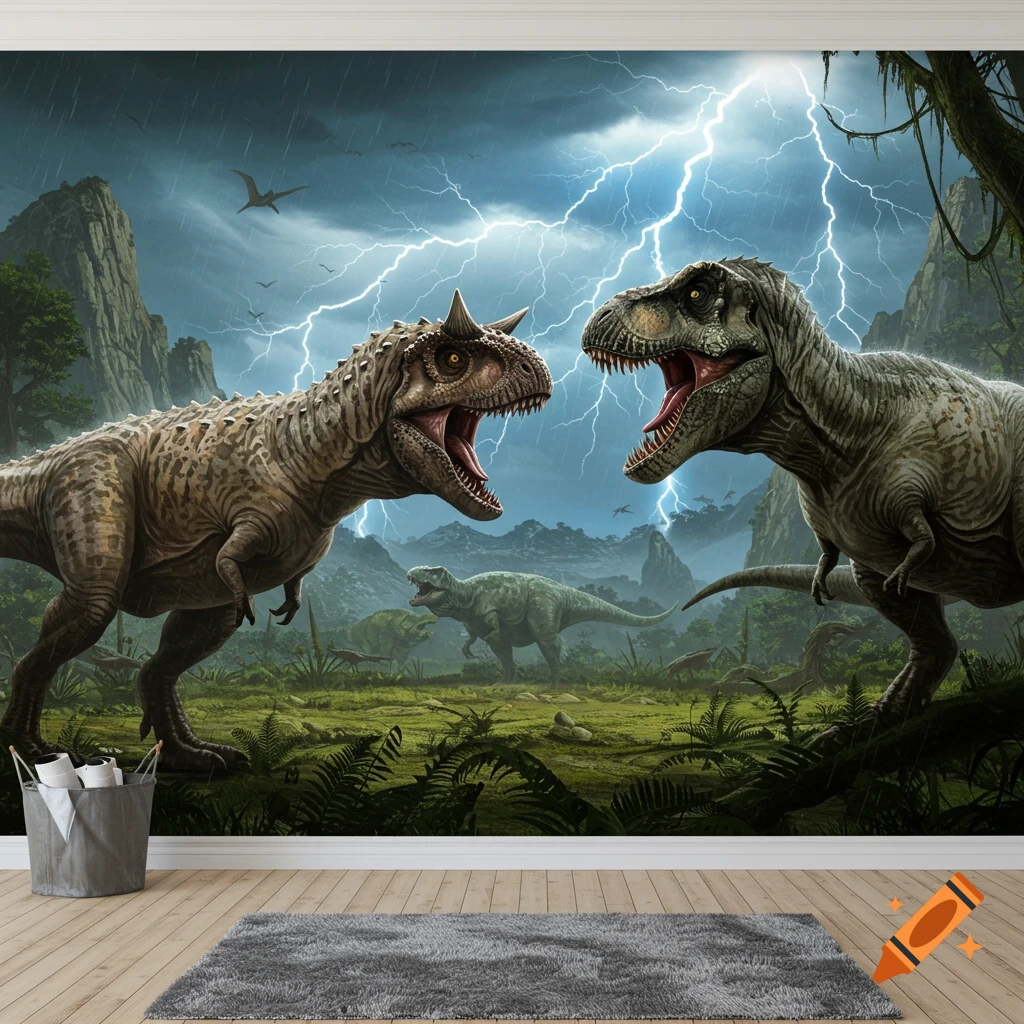 A Carnotaurus and a T-Rex face off in a dramatic, stormy prehistoric landscape with multiple lightning strikes.