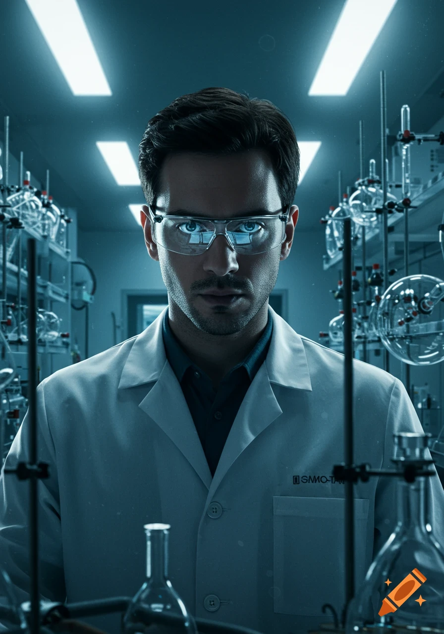 A serious male scientist wearing safety glasses and a lab coat in a dimly lit laboratory, looking directly at the viewer.