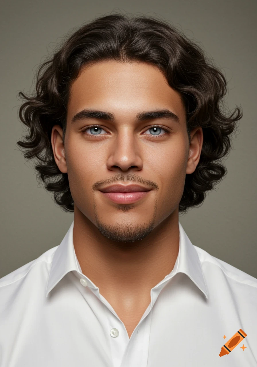 Photorealistic portrait of a young man with dark curly hair, blue eyes, slight smile, and soul patch in a white shirt.