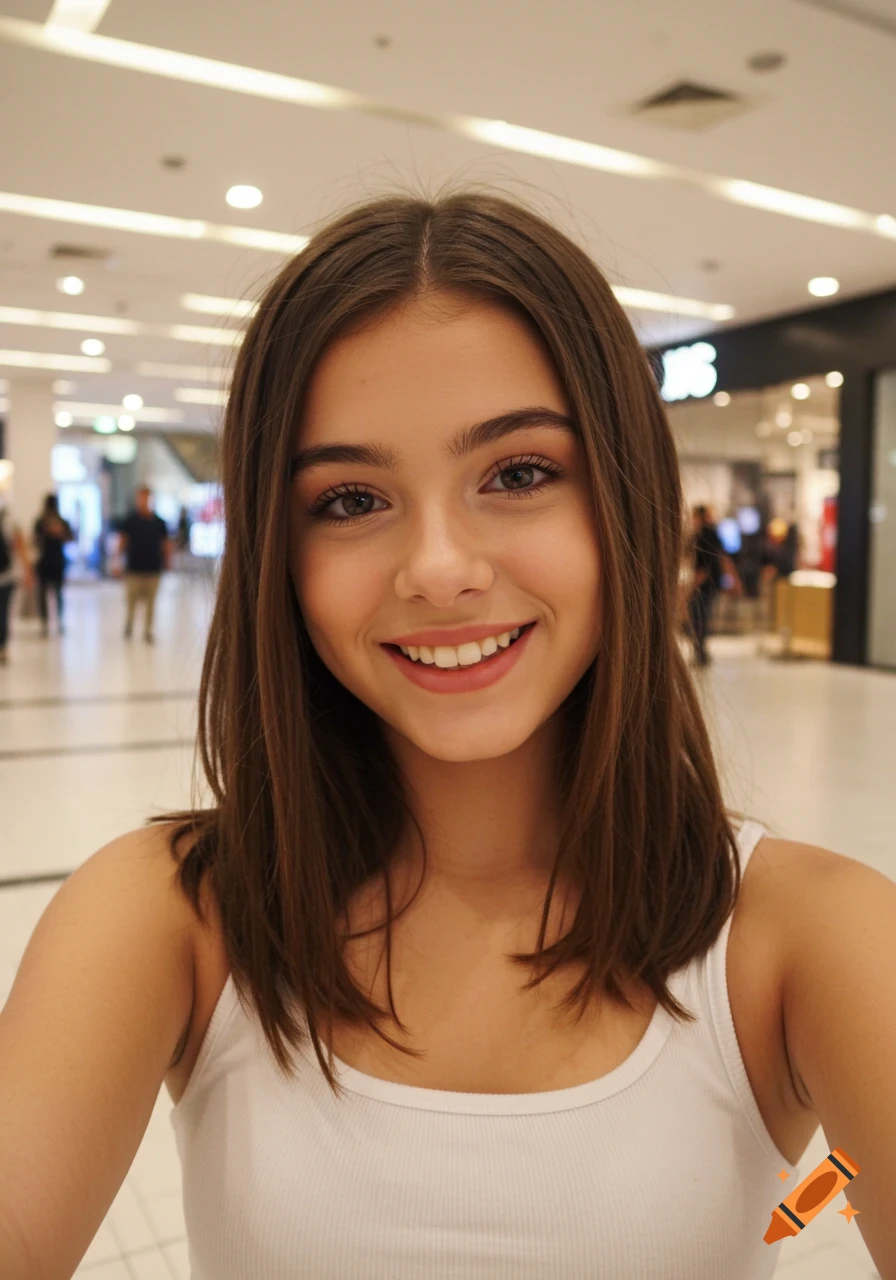 Photorealistic selfie of a smiling young woman with brown hair in a white tank top at a mall.