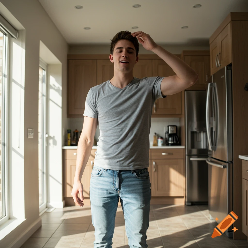 A young man in a gray t-shirt and jeans stands in a sunlit kitchen with his hand on his head.