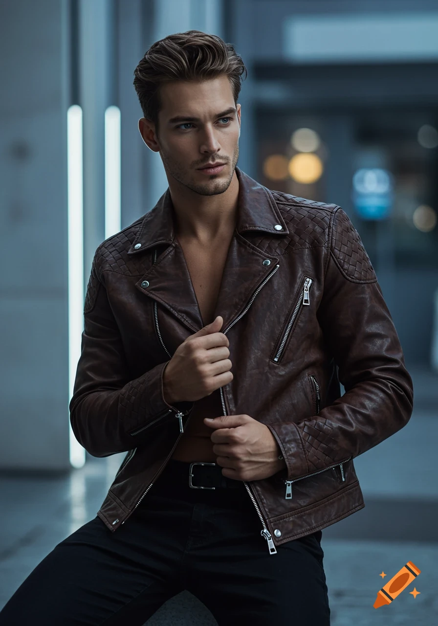 A handsome man in a stylish brown leather jacket, with open zippers and quilted details, posing in a modern setting.
