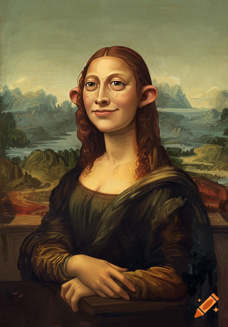 A painting of a character with large ears and prominent eyes, resembling Jar Jar Binks, in the iconic pose and style of the Mona Lisa.