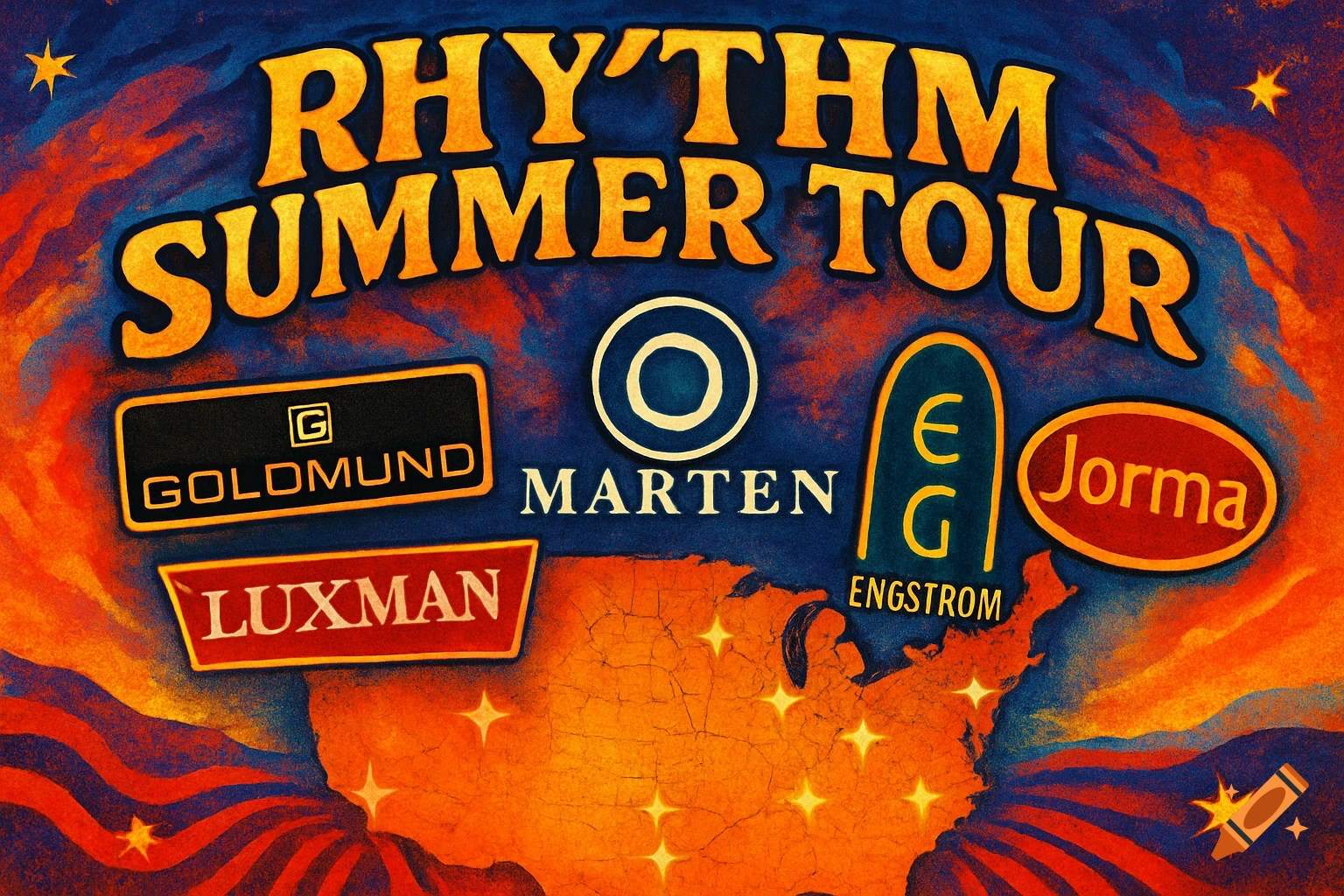 A colorful concert-style poster for the "RHYTHM SUMMER TOUR" features a map of the USA and logos for brands including Goldmund, Luxman, Marten, Engstrom, and Jorma.