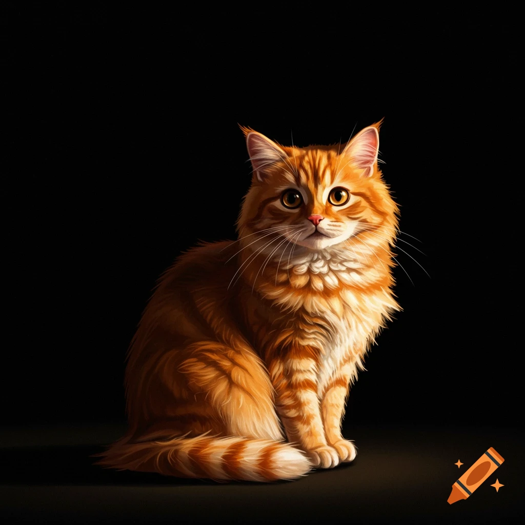 A fluffy ginger cat with bright eyes sits attentively against a dark black background.