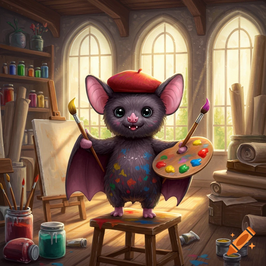 A cute, fluffy cartoon bat wearing a red beret holds a paintbrush and a colorful palette in an artist's studio.