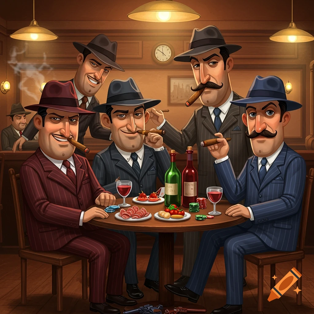Cartoon Italian American gangsters in fedoras and suits smoking cigars, drinking, and playing cards at a table in a dimly lit bar.