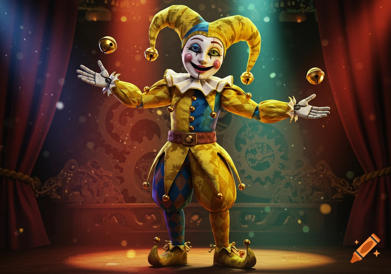 A yellow and blue animatronic jester juggles golden bells on a stage with red curtains and gears in the background.