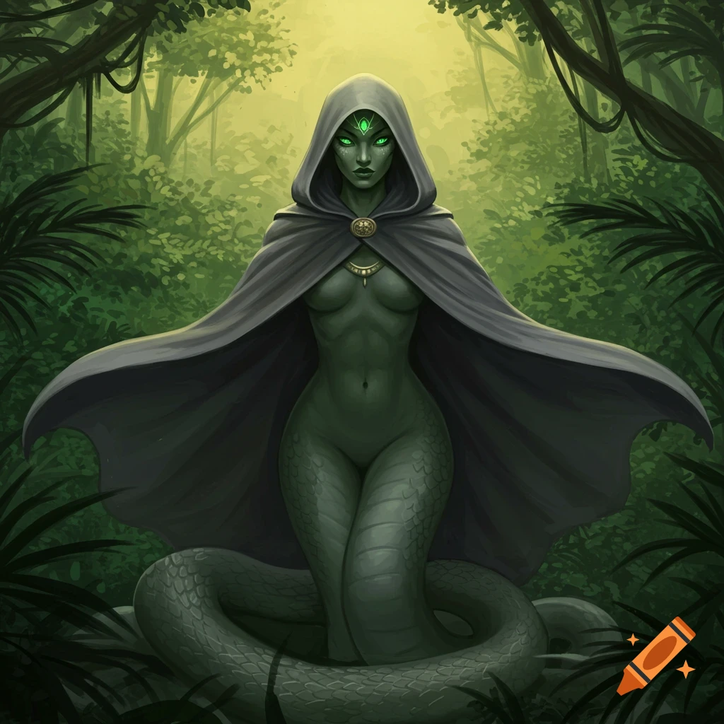 A green-skinned snake woman with glowing eyes wears a hooded cloak in a lush jungle.