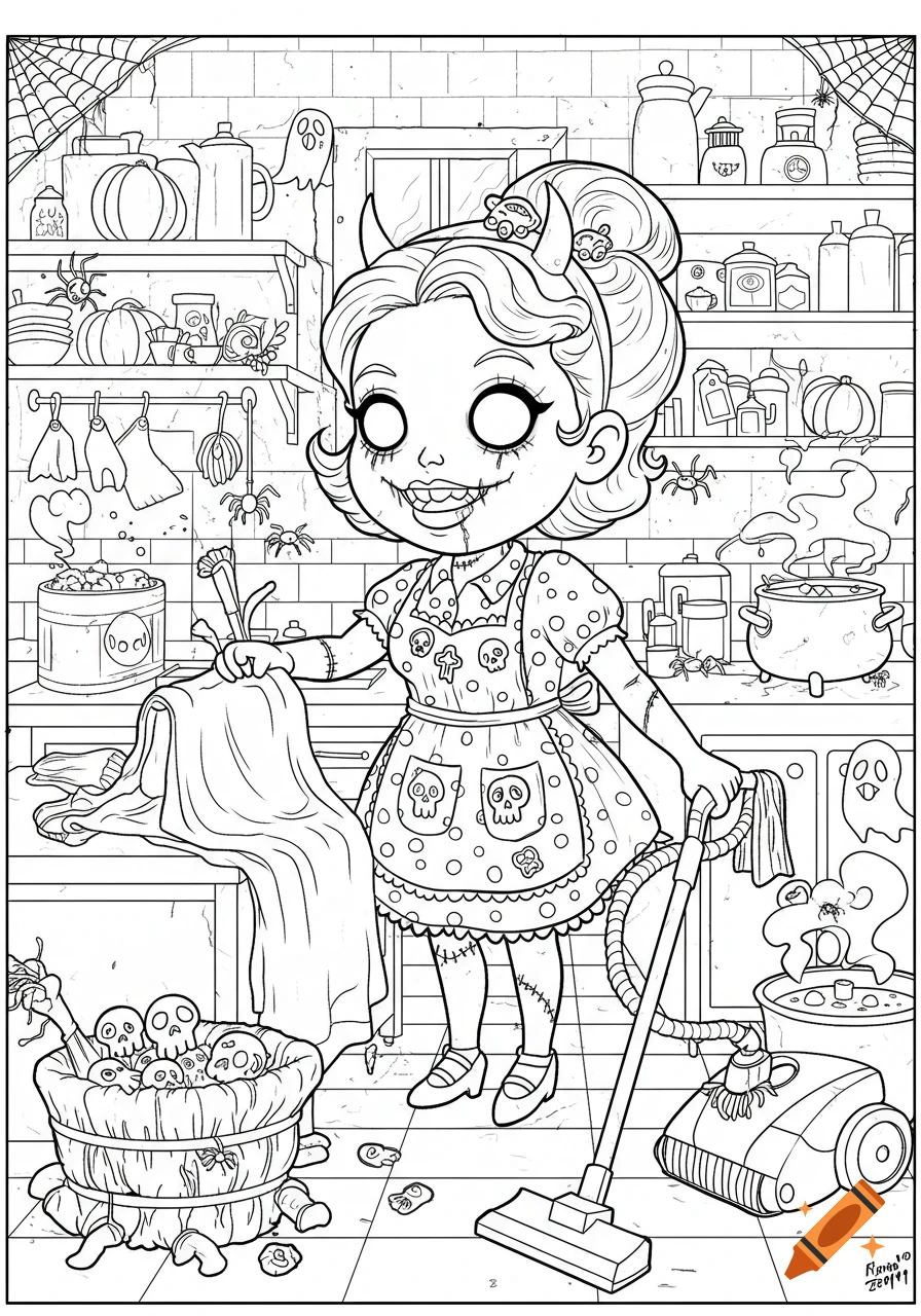 A black and white line art coloring page of a creepy horror movie mom with stitched features and empty eyes, doing chores in a Halloween-themed kitchen with pumpkins, ghosts, spiders, and a basket of skulls.