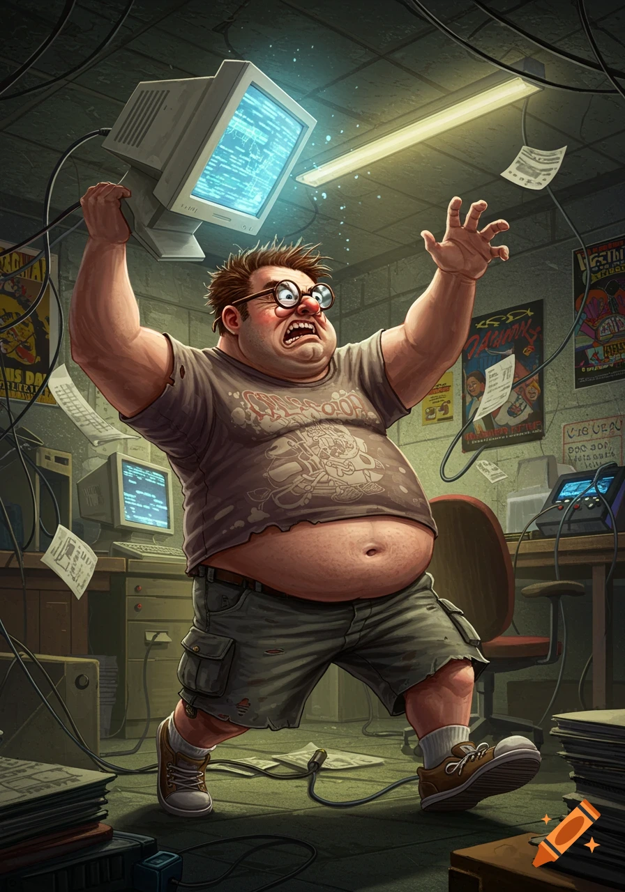 Cartoon illustration of an angry, chunky man with glasses about to throw an old computer monitor in a messy, wire-filled room.