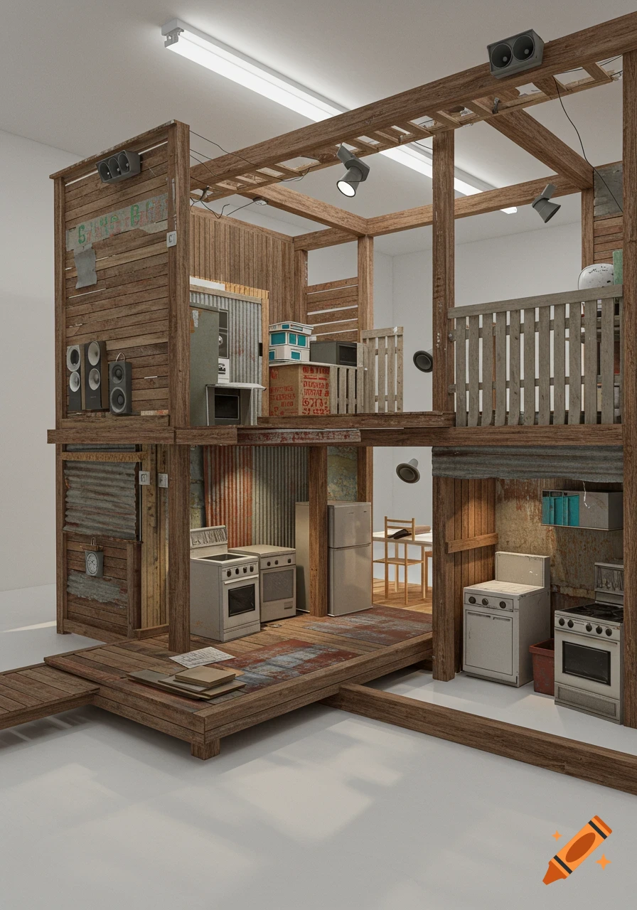 An art installation resembling a multi-level makeshift dwelling made of wood panels and corrugated metal, featuring second-hand appliances and speakers in a white-cube space.