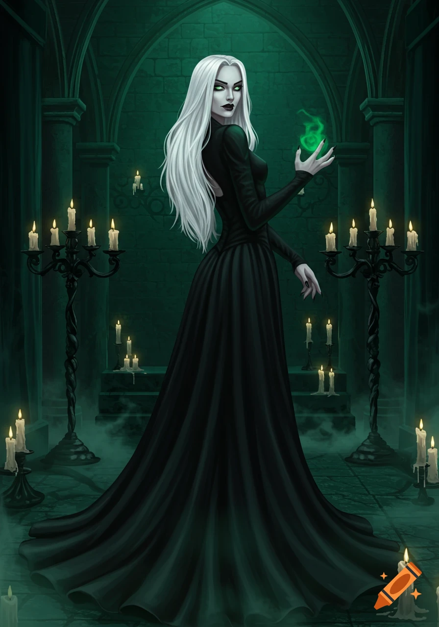 A pale woman with long white hair, green eyes, and black makeup wears a black gown and holds green magic in a dark, candlelit gothic hall.