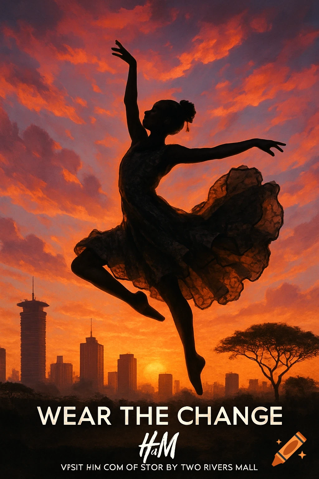 Silhouette of a dancer mid-leap against a vibrant sunset sky over a city skyline with text 'Wear the Change H&M'.