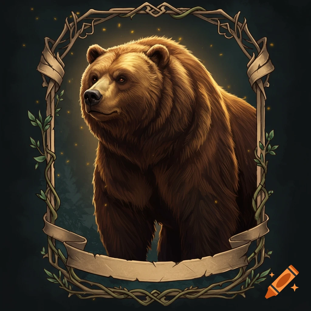 A majestic brown bear portrait in an ornate, leafy, gothic-style frame, resembling a fantasy profile token.