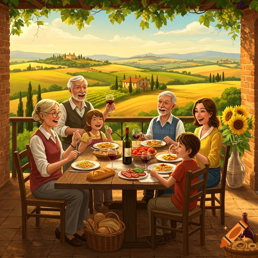 Illustration of a family enjoying an outdoor meal on a patio overlooking a sunny Italian countryside.