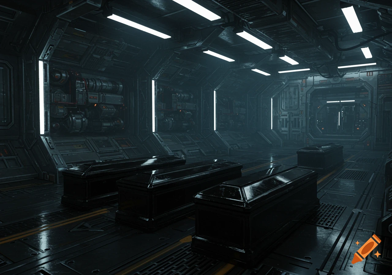 A dark, metallic sci-fi corridor with three black coffin-like containers on the floor, illuminated by overhead lights.