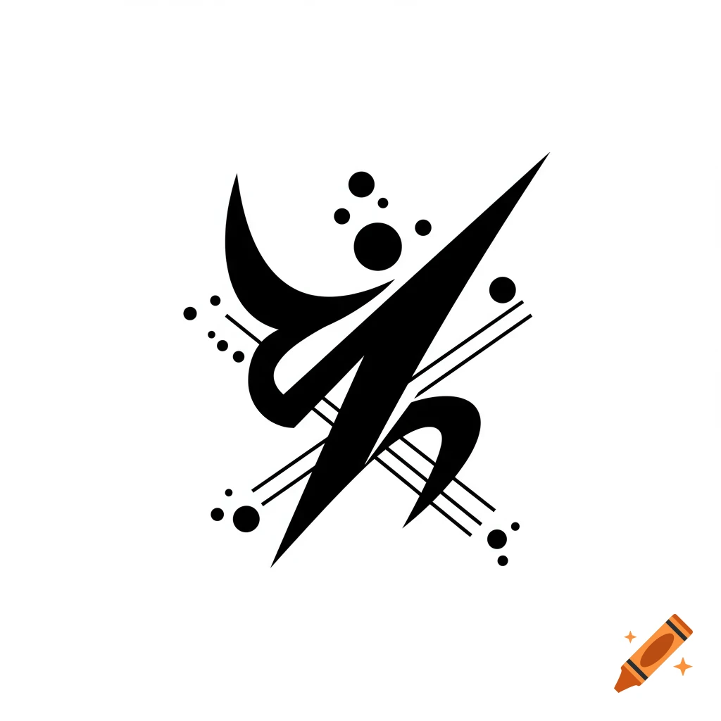 A black and white abstract symbol with sharp lines, curves, and dots.