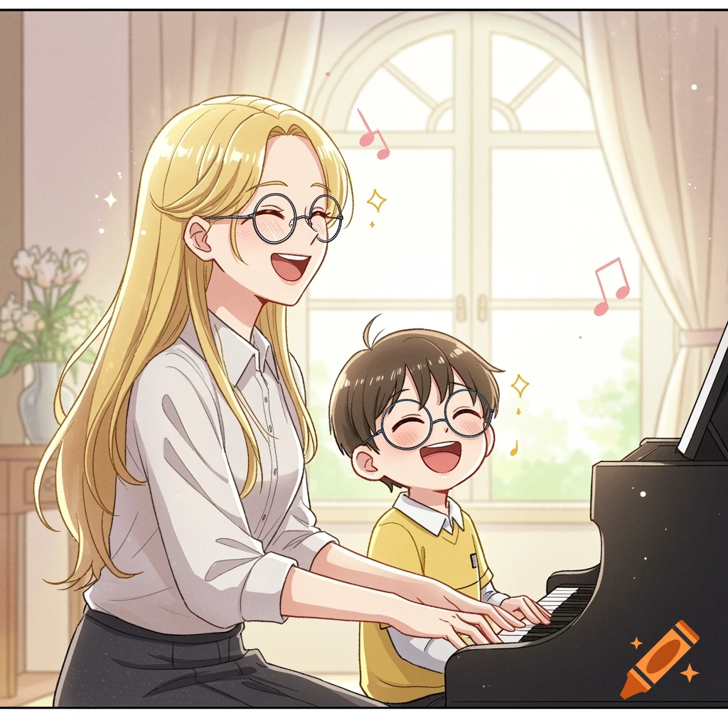 A blonde female piano teacher and a young boy with glasses laugh while playing a piano in manga style.