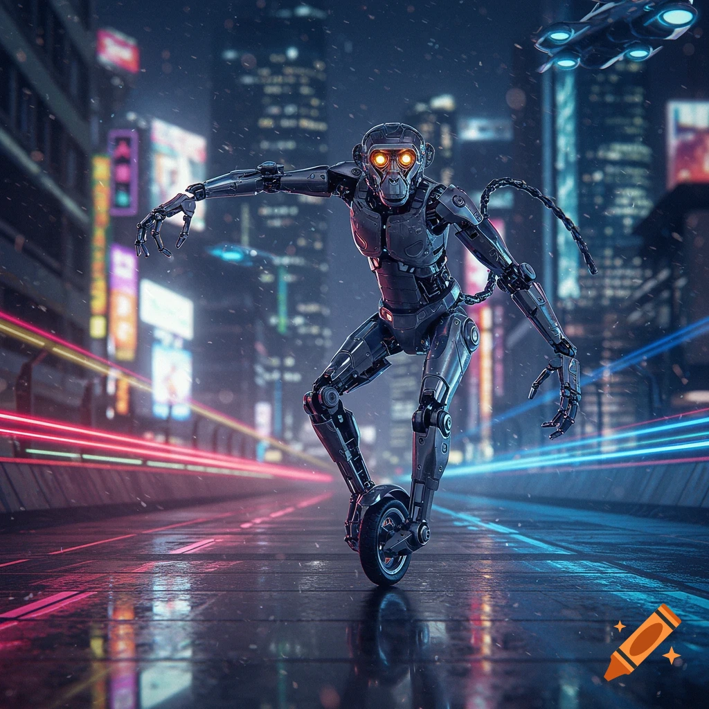A futuristic robot monkey with glowing eyes balances on a unicycle-like wheel in a neon-lit cyberpunk city at night.