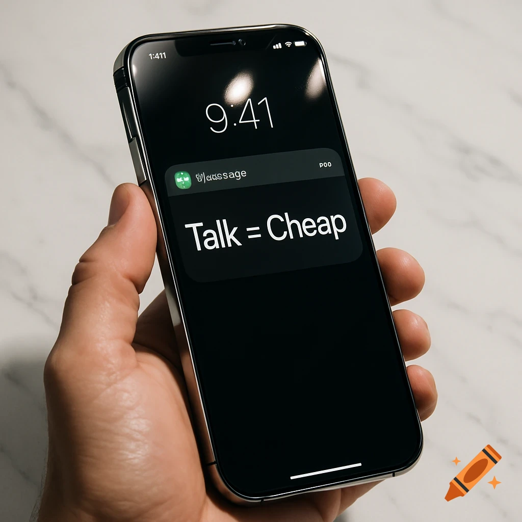 A hand holding a smartphone displaying an incoming text message that reads "Talk = Cheap" on a dark screen.