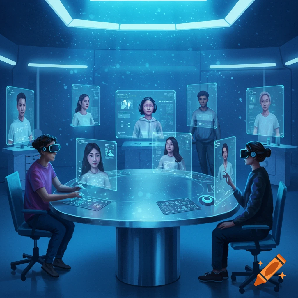 Two people wearing VR headsets in a futuristic room, participating in a virtual meeting with multiple holographic screens displaying other participants.