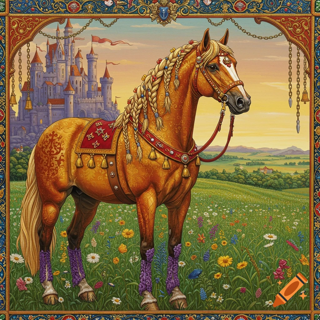A detailed medieval-style painting of a golden horse adorned with braids and bells, standing in a field of wildflowers with a castle in the background.
