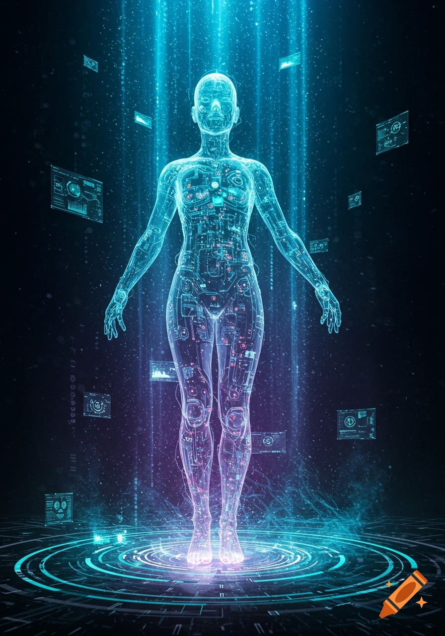 Holographic human body made of circuits and light, surrounded by floating data screens in a dark, futuristic setting.