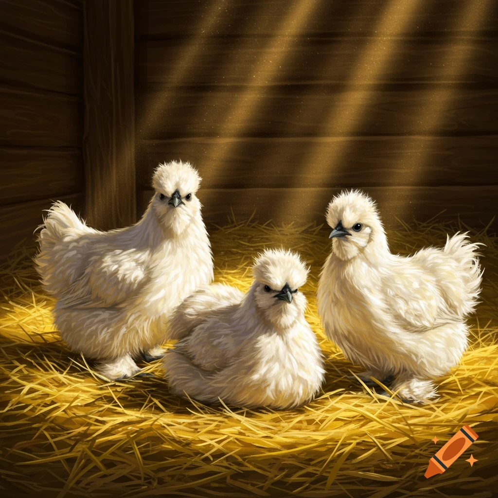 Three fluffy white silkie chickens sit on a pile of hay inside a rustic barn with sunbeams shining down.