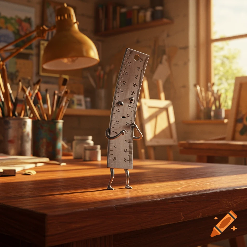 An anthropomorphic metal ruler stands on a wooden desk in a sunlit art studio, appearing to measure itself.