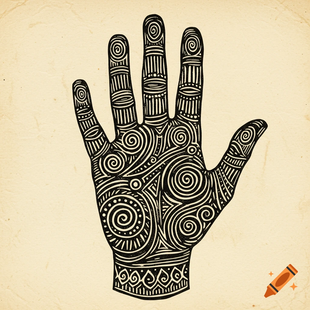 A black and white block print illustration of a human hand covered in intricate patterns on a beige background.