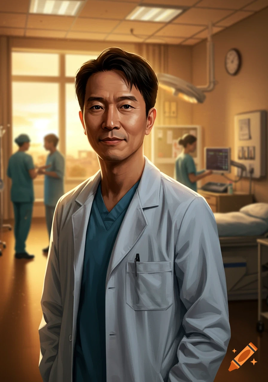 A photorealistic portrait of a male doctor in a white lab coat and blue scrubs, standing in a brightly lit hospital room.