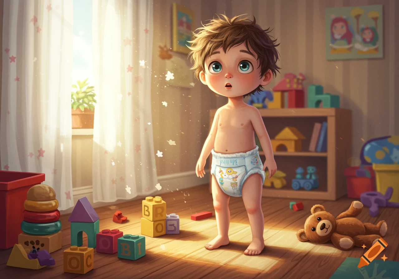 A cartoon toddler boy in a diaper stands in a sunlit nursery with toys like blocks and a teddy bear on the floor.