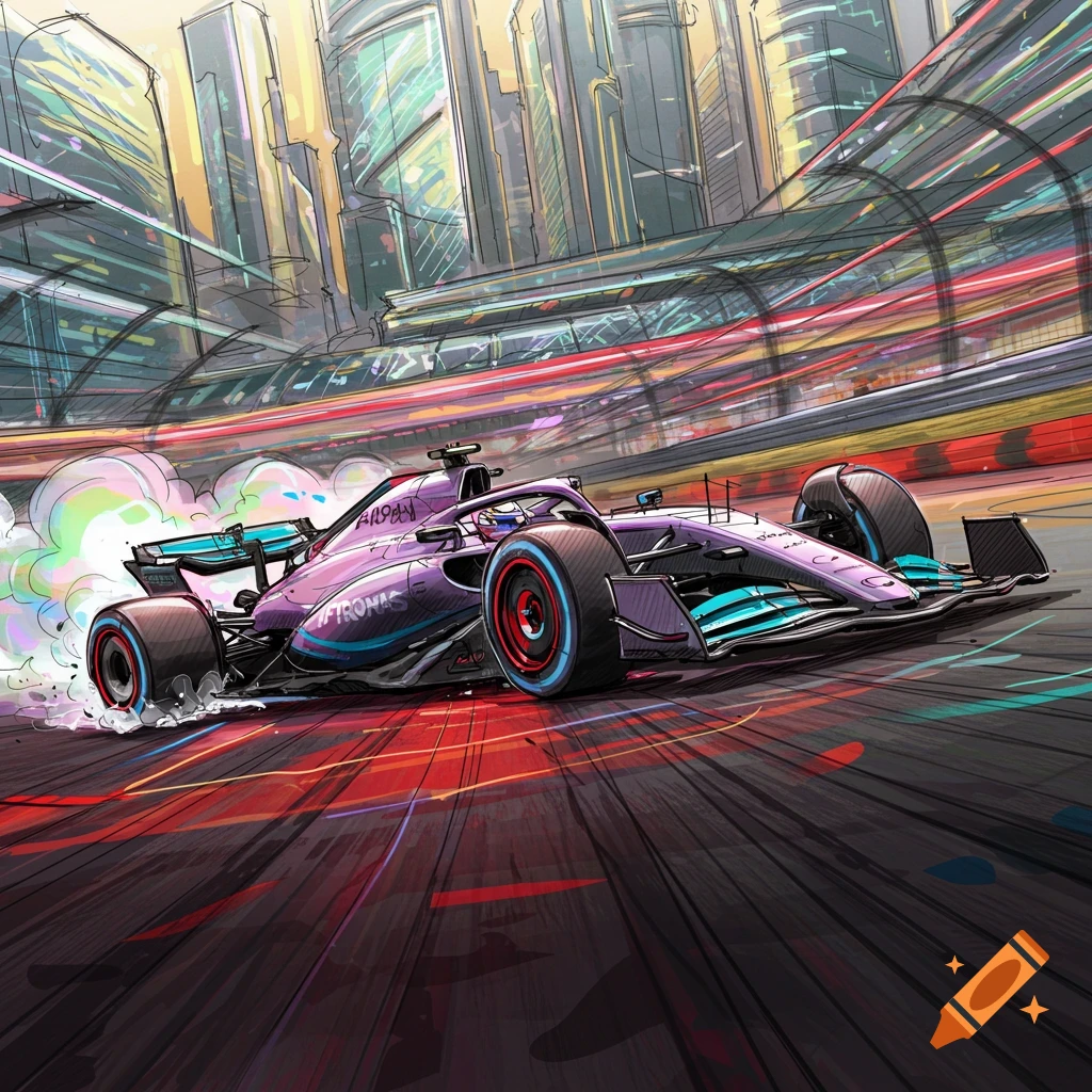 An F1 race car in purple and teal speeds on a track with light trails, against a blurry cityscape sketch.