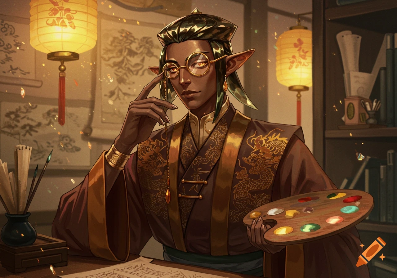A dark-skinned elf with pointed ears and round glasses wears a traditional Chinese robe, holding a painter's palette.